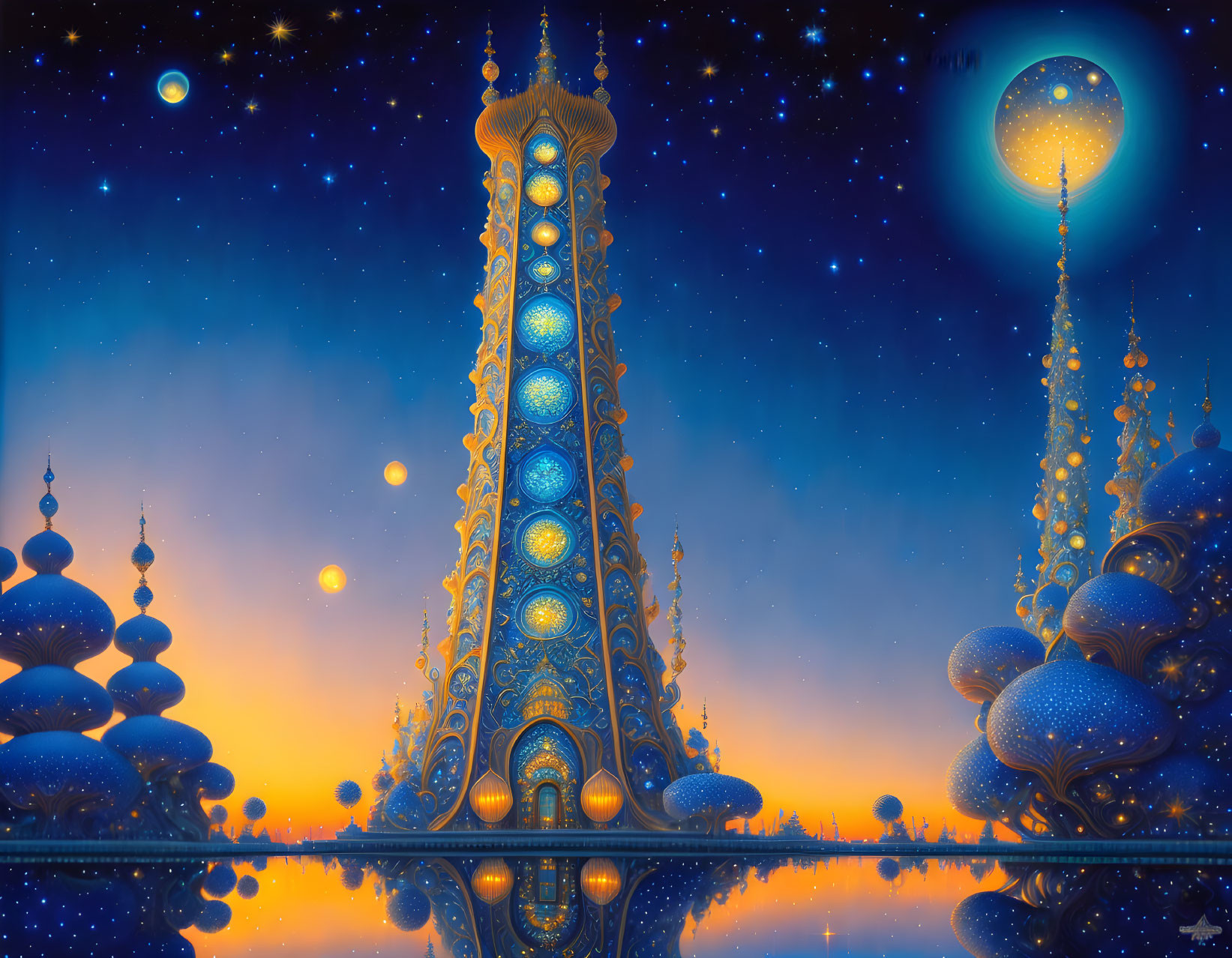 Ethereal starlit scene with glowing towers and crescent moon