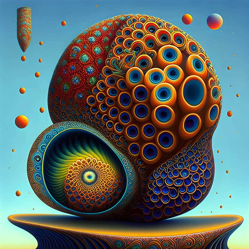 Surreal artwork: Nautilus-like shell with intricate patterns and floating spheres
