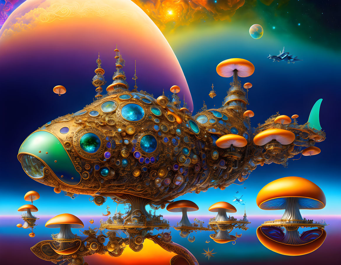 Large ornate submarine-like vessel among mushroom-shaped structures with giant planet.