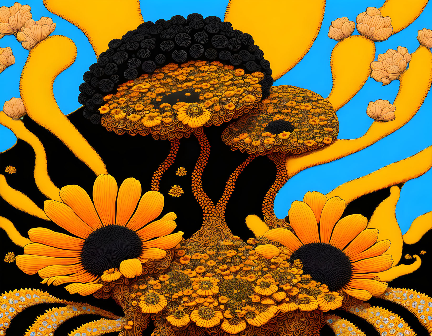 Colorful stylized image of two figures in swirling patterns and orange flowers on blue background
