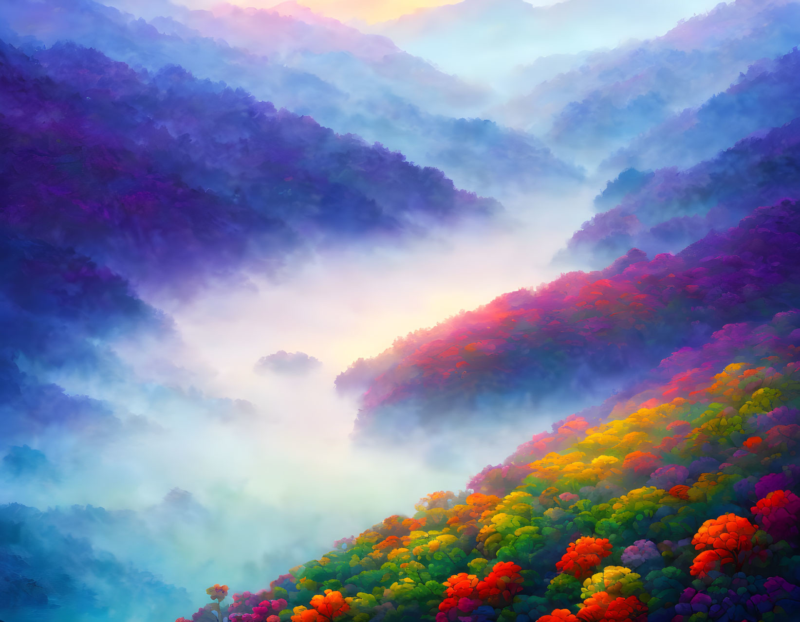 Colorful Mountain Ranges with Mist and Pastel Sky