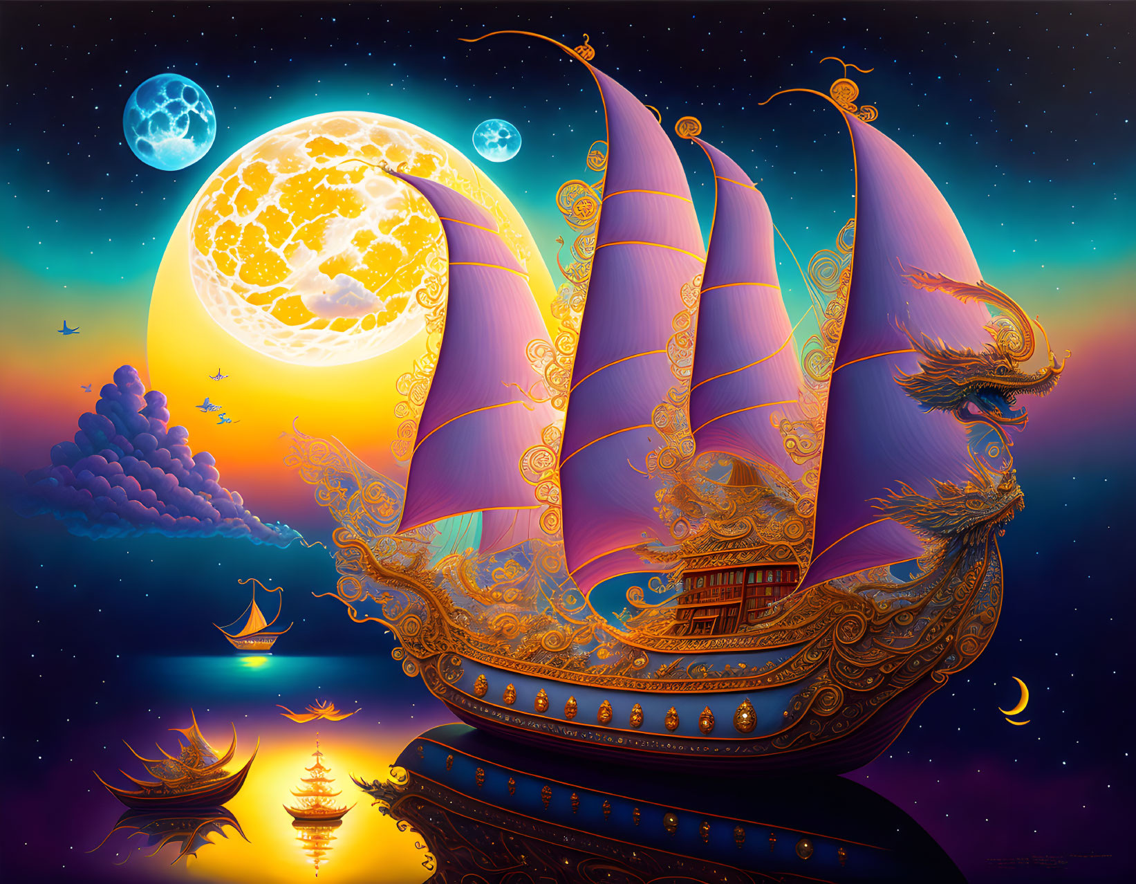 Whimsical art illustration: Ornate ships on calm seas under starry sky