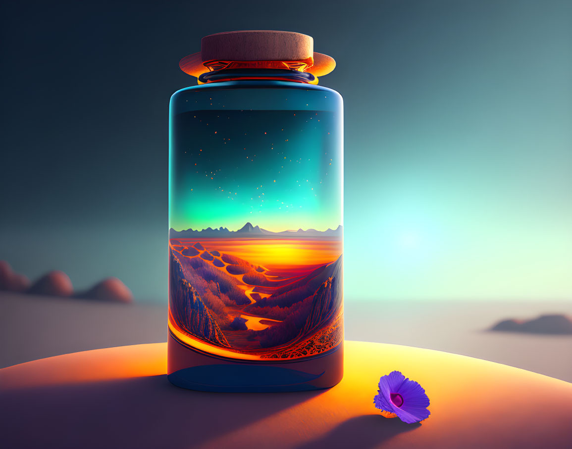 Jar with cork lid showcasing vibrant landscape under starry skies on surface with purple flower in dusk backdrop