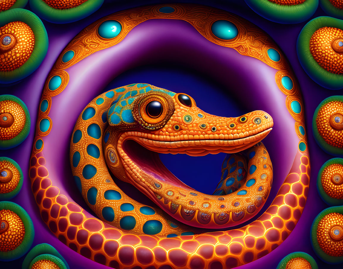 Vibrant orange snake with intricate patterns on blue-violet background