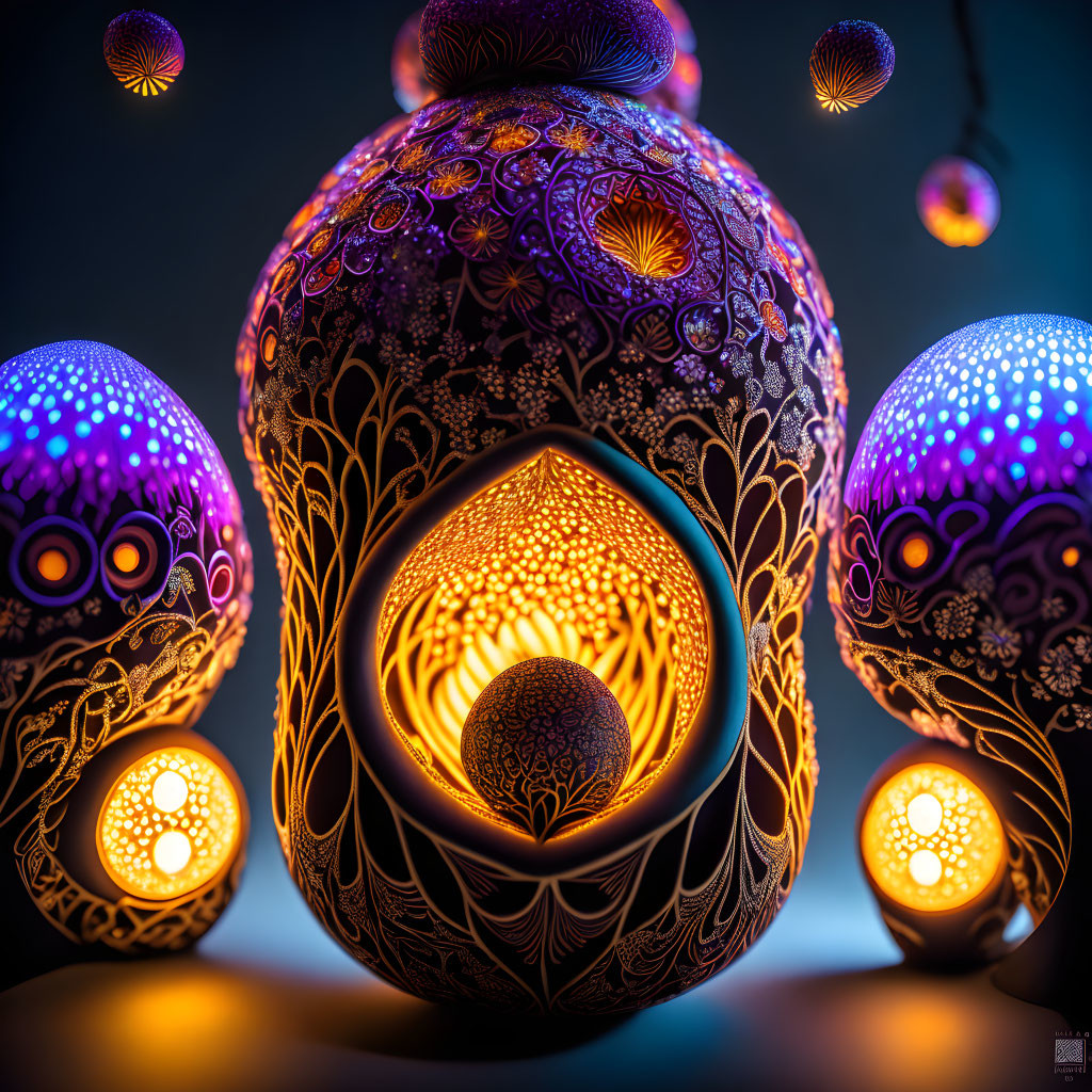 Intricate illuminated spheres on dark blue gradient background