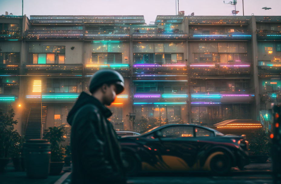 Person in beanie with sports car and neon-lit building at dusk