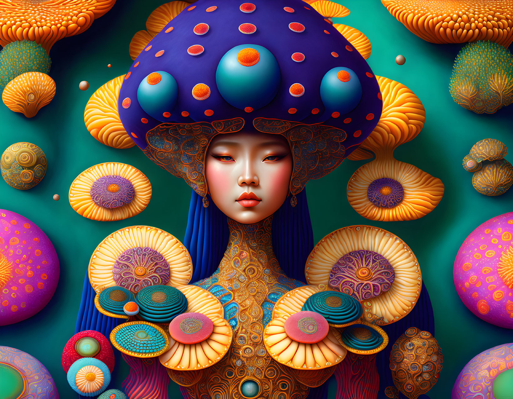 Vivid Mushroom-Themed Woman Artwork with Fantasy Background