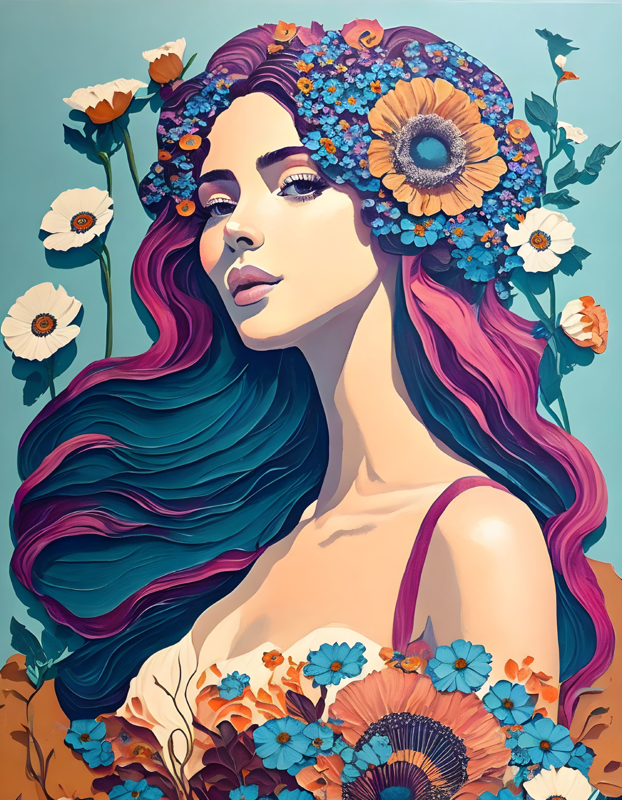 Vibrant digital illustration: Woman with pink hair and floral wreath on teal background