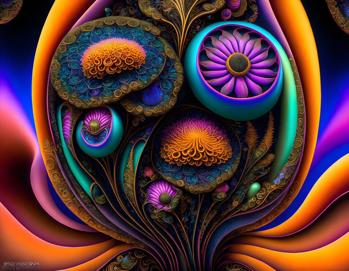 Colorful Fractal Artwork in Orange, Blue, and Purple Hues