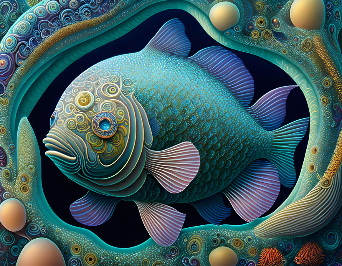 Colorful Stylized Digital Artwork: Fish with Patterns and Abstract Shapes