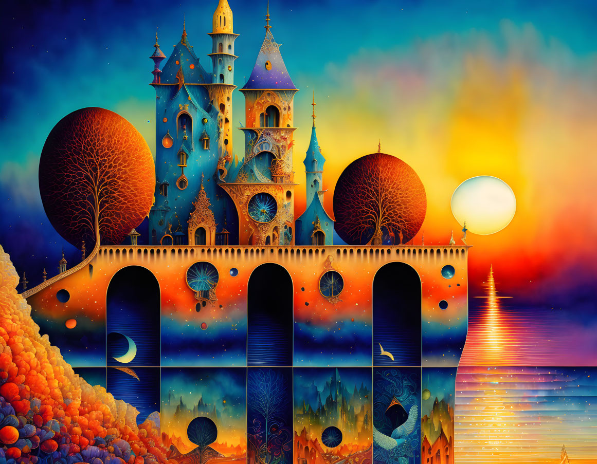 Surrealist landscape with castle, celestial bodies, dreamy trees in sunset