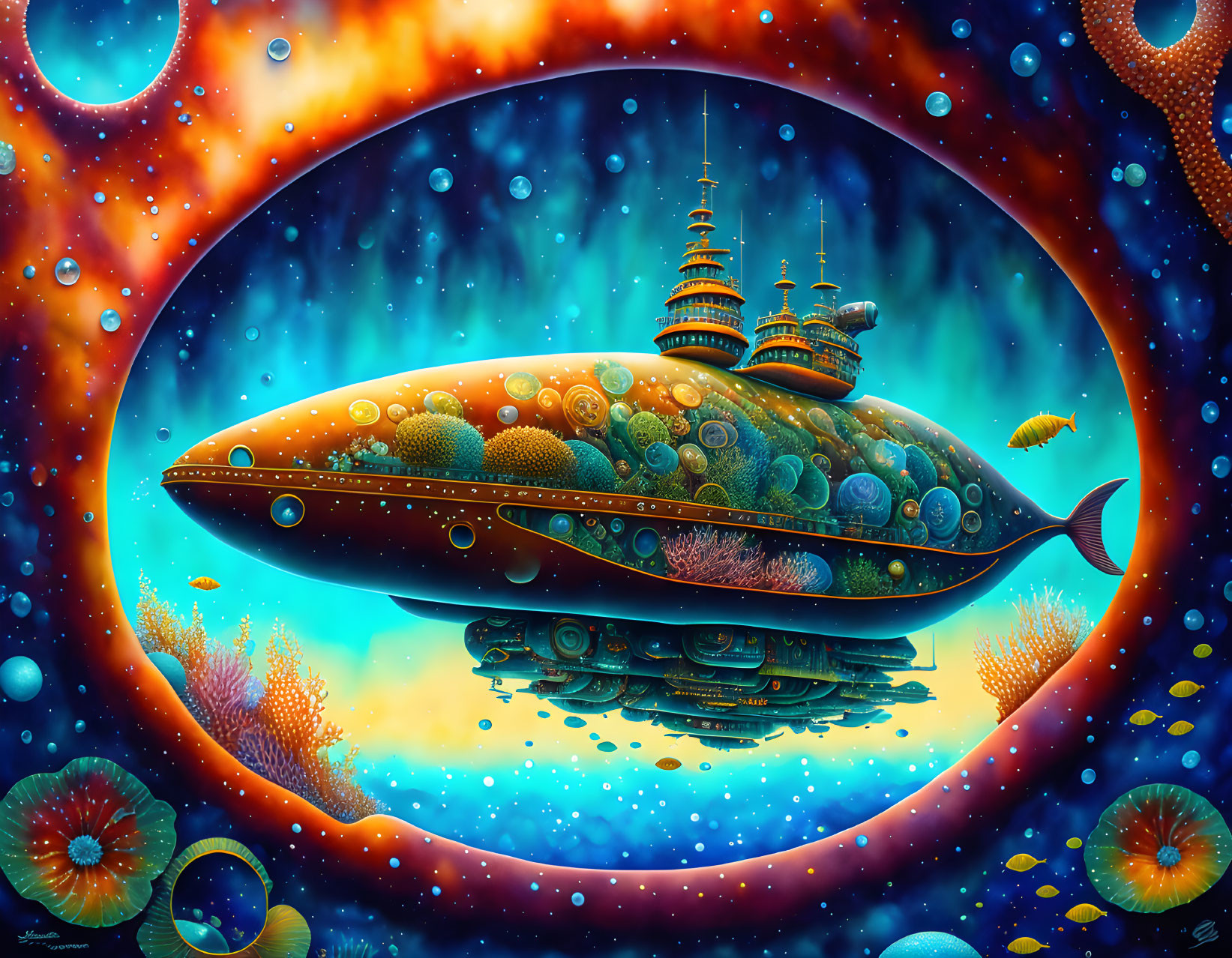Whimsical submarine-like structure with towers and domes in vibrant undersea scene