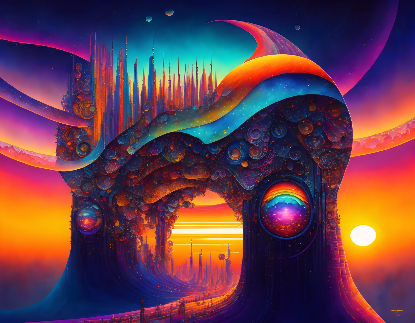Colorful surreal landscape with swirling wave-like structure and pathway towards horizon.