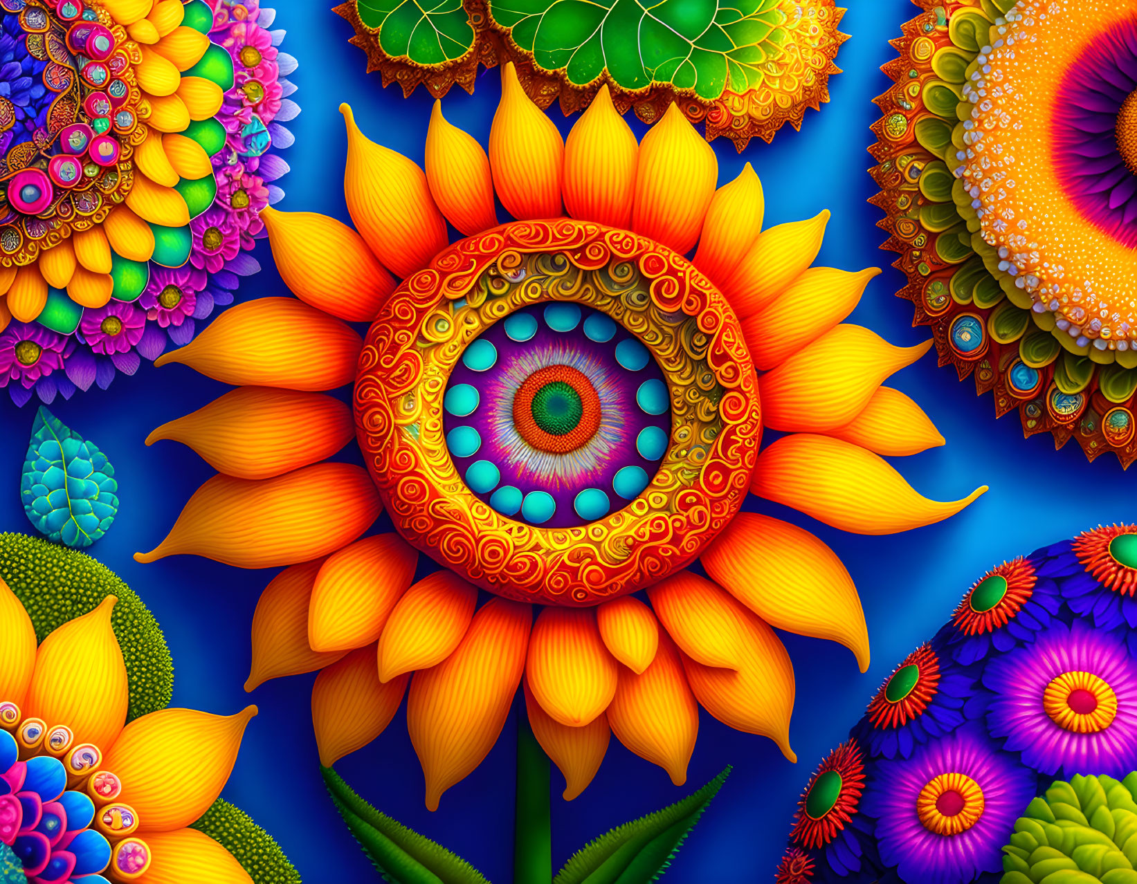 Colorful digital artwork: Stylized sunflower with intricate eye pattern surrounded by vivid flowers.