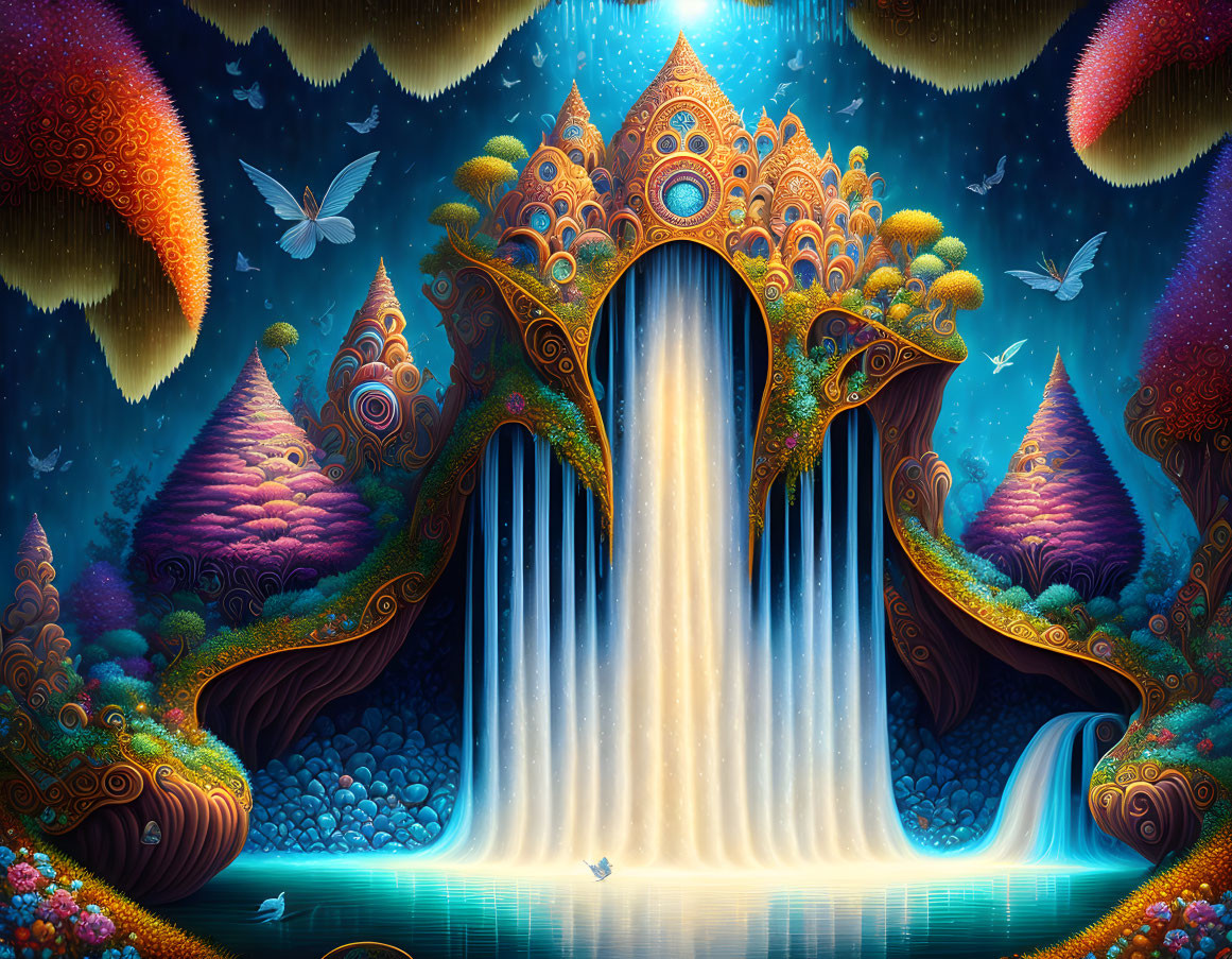 Fantasy landscape with grand waterfall and lush flora