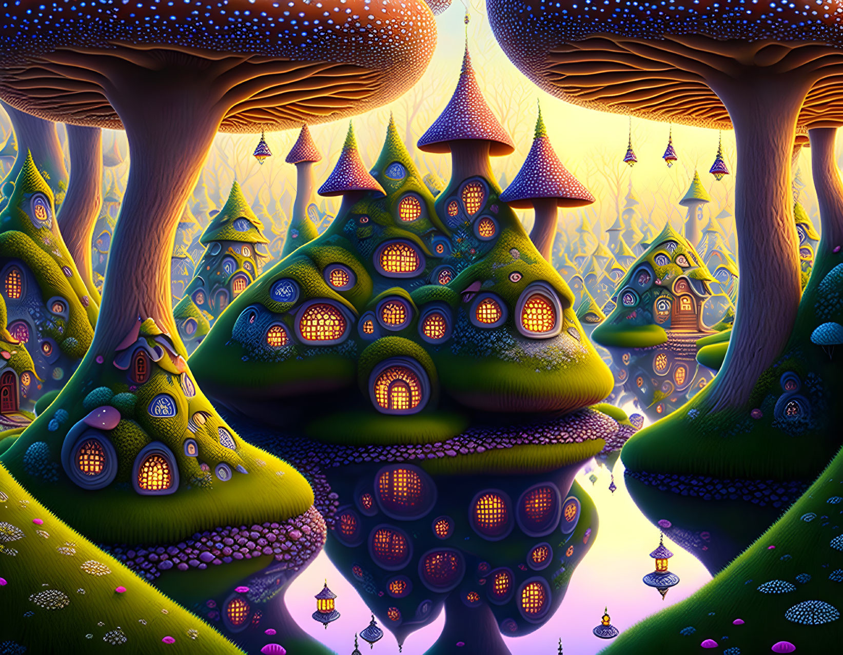 Whimsical landscape with oversized mushrooms and glowing hill houses at twilight