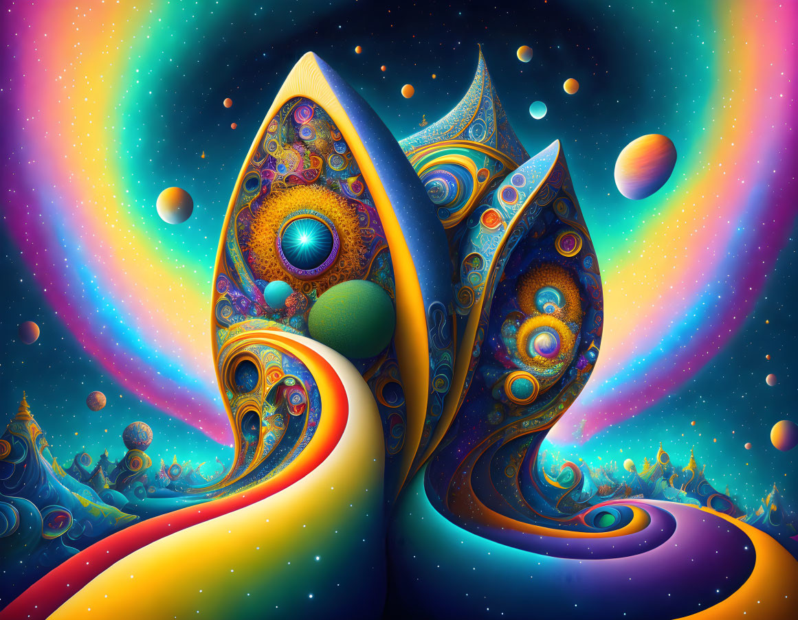 Colorful Psychedelic Digital Art with Abstract Paisley Shapes and Cosmic Background