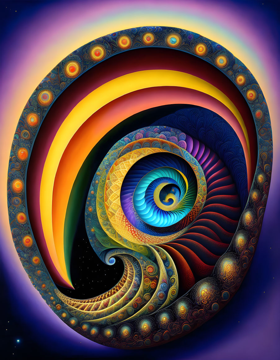 Colorful Psychedelic Nautilus Shell Swirl on Starry Sky Background