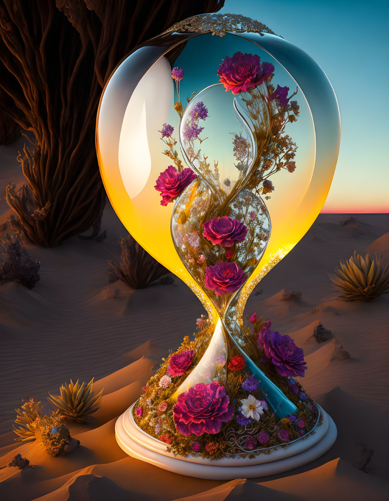 Hourglass with vibrant ecosystem in desert twilight