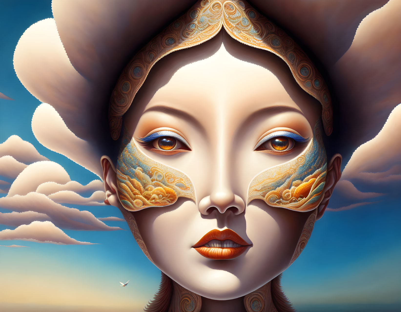 Surreal portrait of woman with elaborate headwear and reflected clouds in eyes, against sky backdrop with