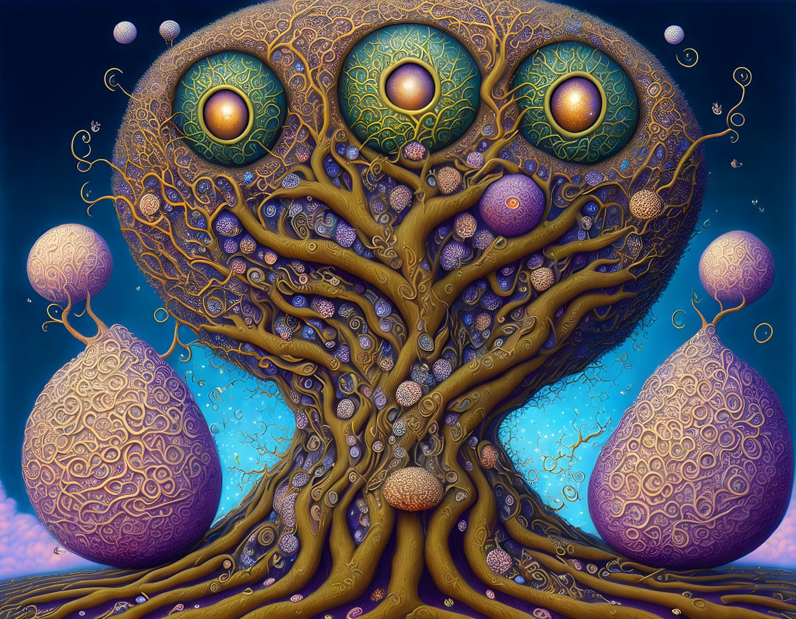 Surreal artwork of tree with eyes, intricate patterns, egg-like shapes, and starry sky