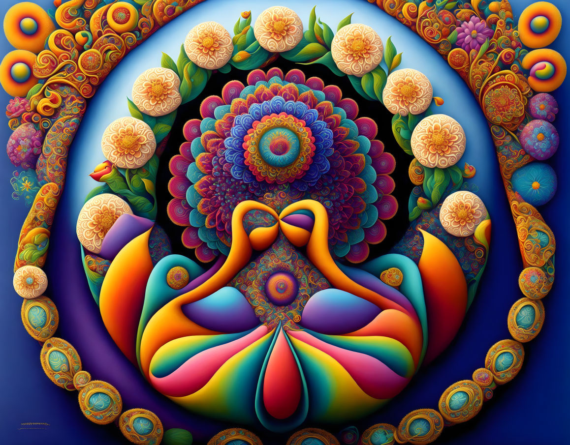 Colorful Digital Artwork: Symmetrical Birds in Mandala with Floral & Geometric Patterns