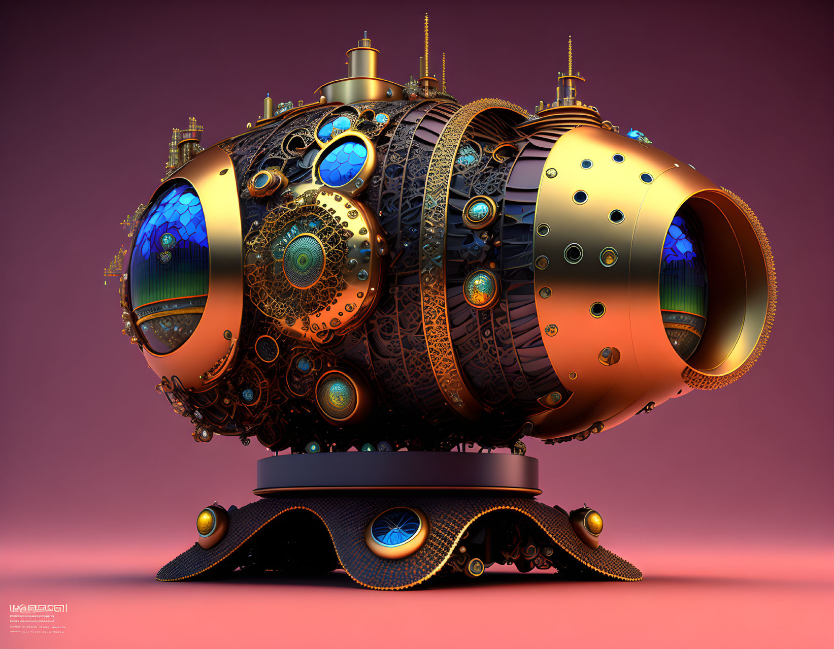 Ornate Steampunk Submarine with Brass Details on Purple Background