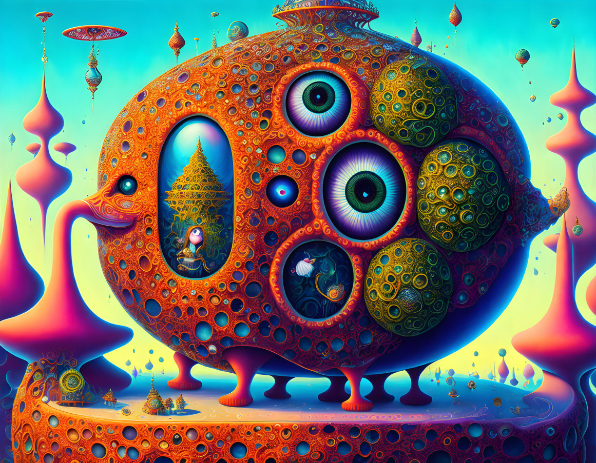 Surreal landscape with eye-covered orb, floating islands, and alien-like structures
