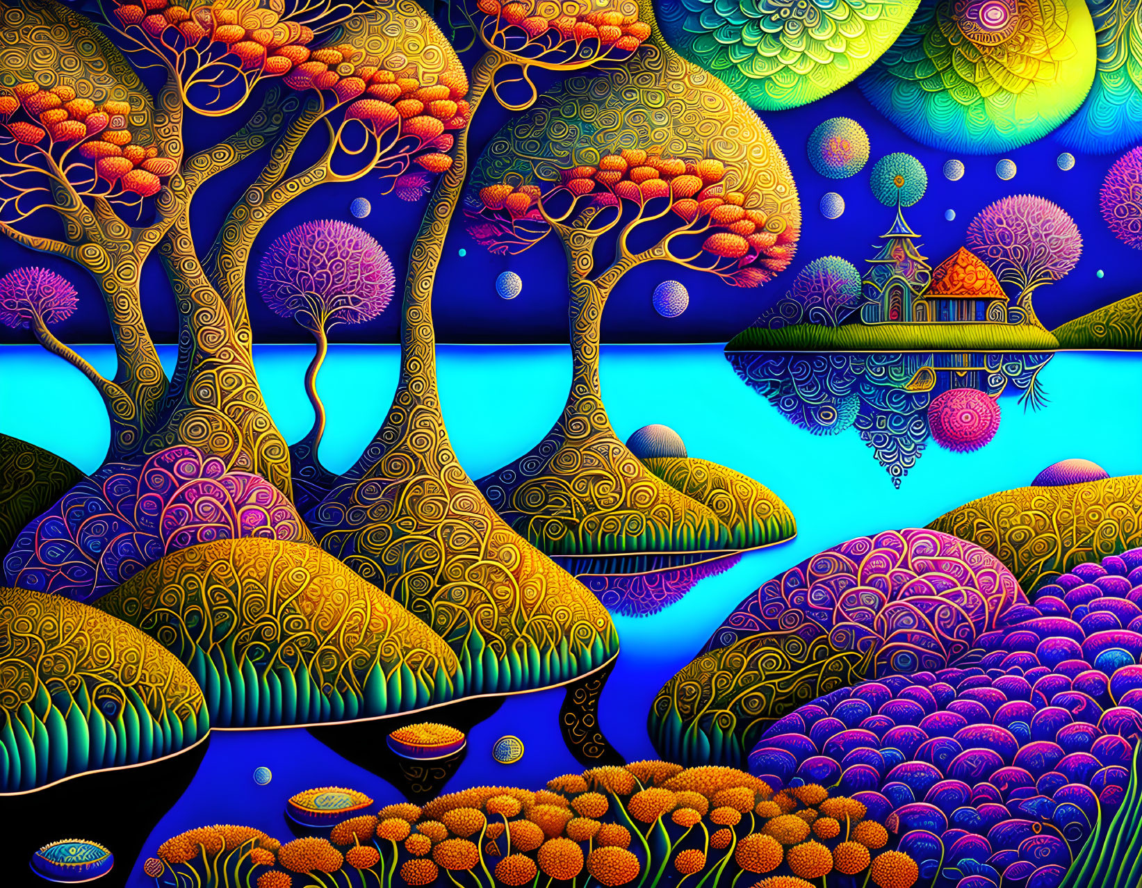 Colorful psychedelic landscape with stylized trees, reflective water, and ornate sky