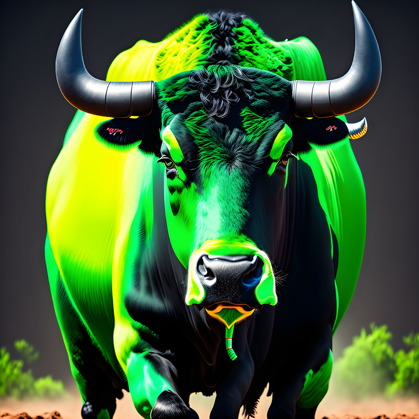 Colorful Digital Illustration of Exaggerated Bull Features in Neon Hues