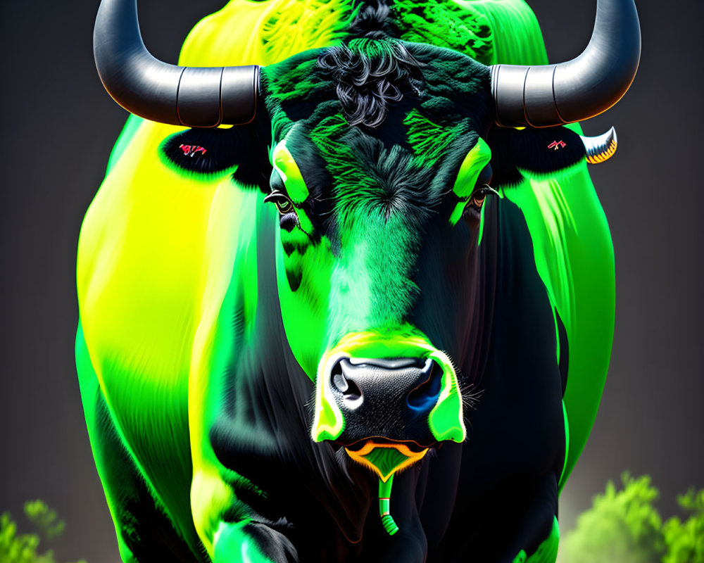 Colorful Digital Illustration of Exaggerated Bull Features in Neon Hues