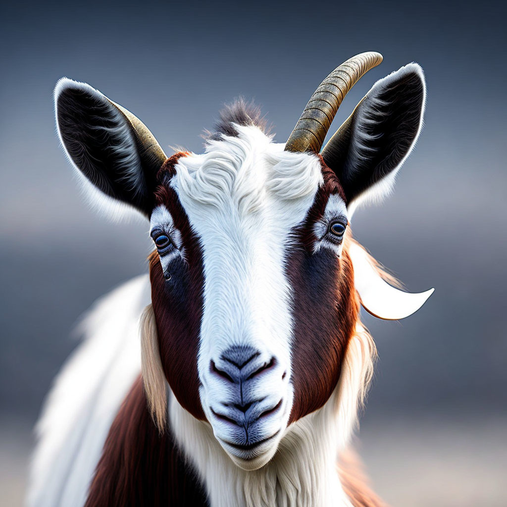 Brown and White Goat with Curved Horns and Intense Gaze