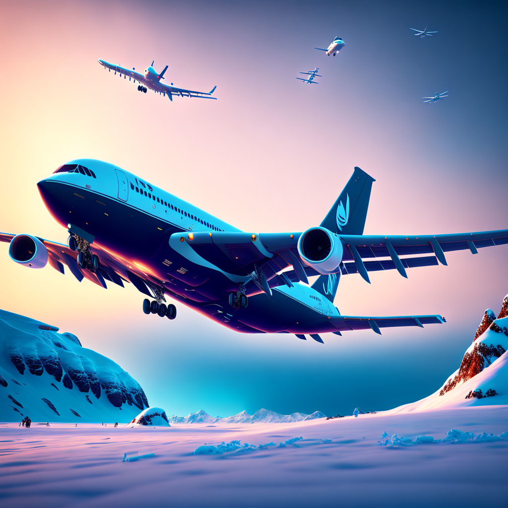 Commercial airplane takes off from snowy runway amidst colorful sunset sky