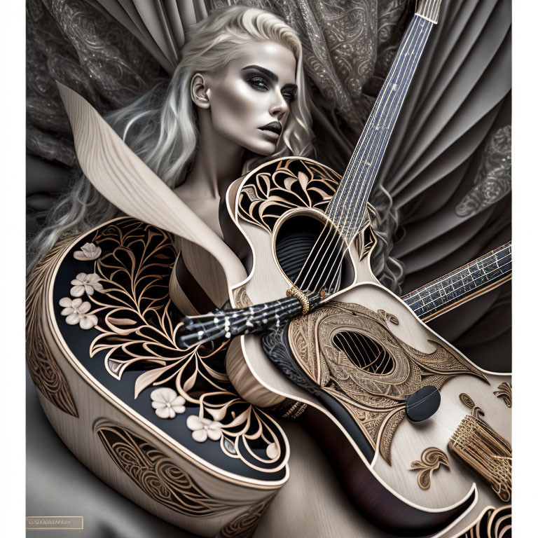 Blonde woman merged with ornate guitar on fabric background