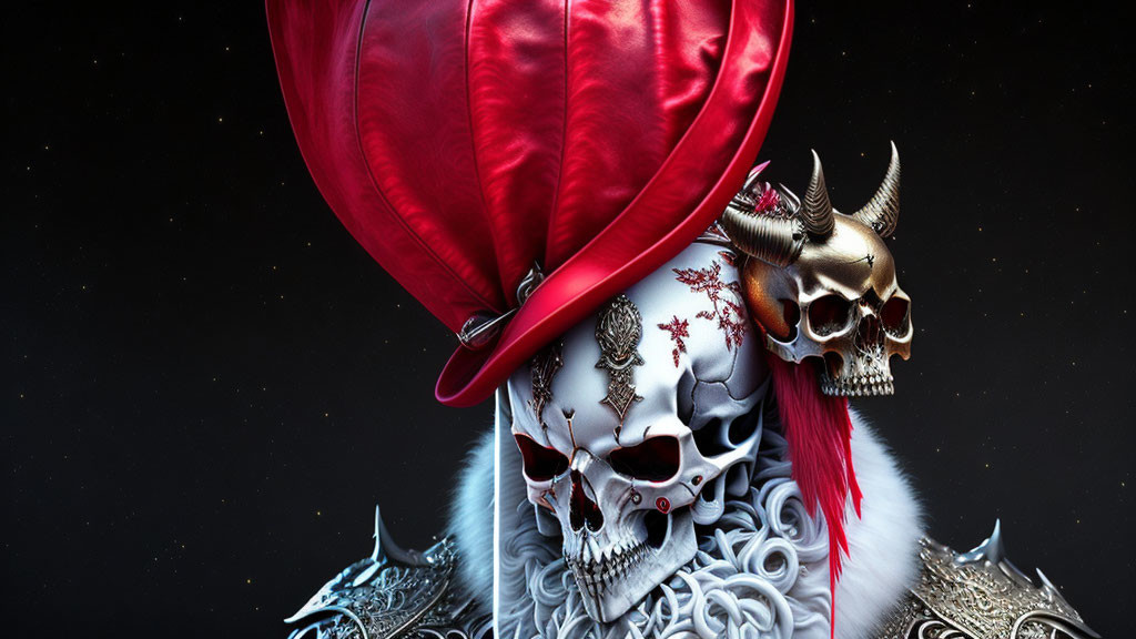 Skull with Red Hat and Bull Skull Mask in Intricate Design