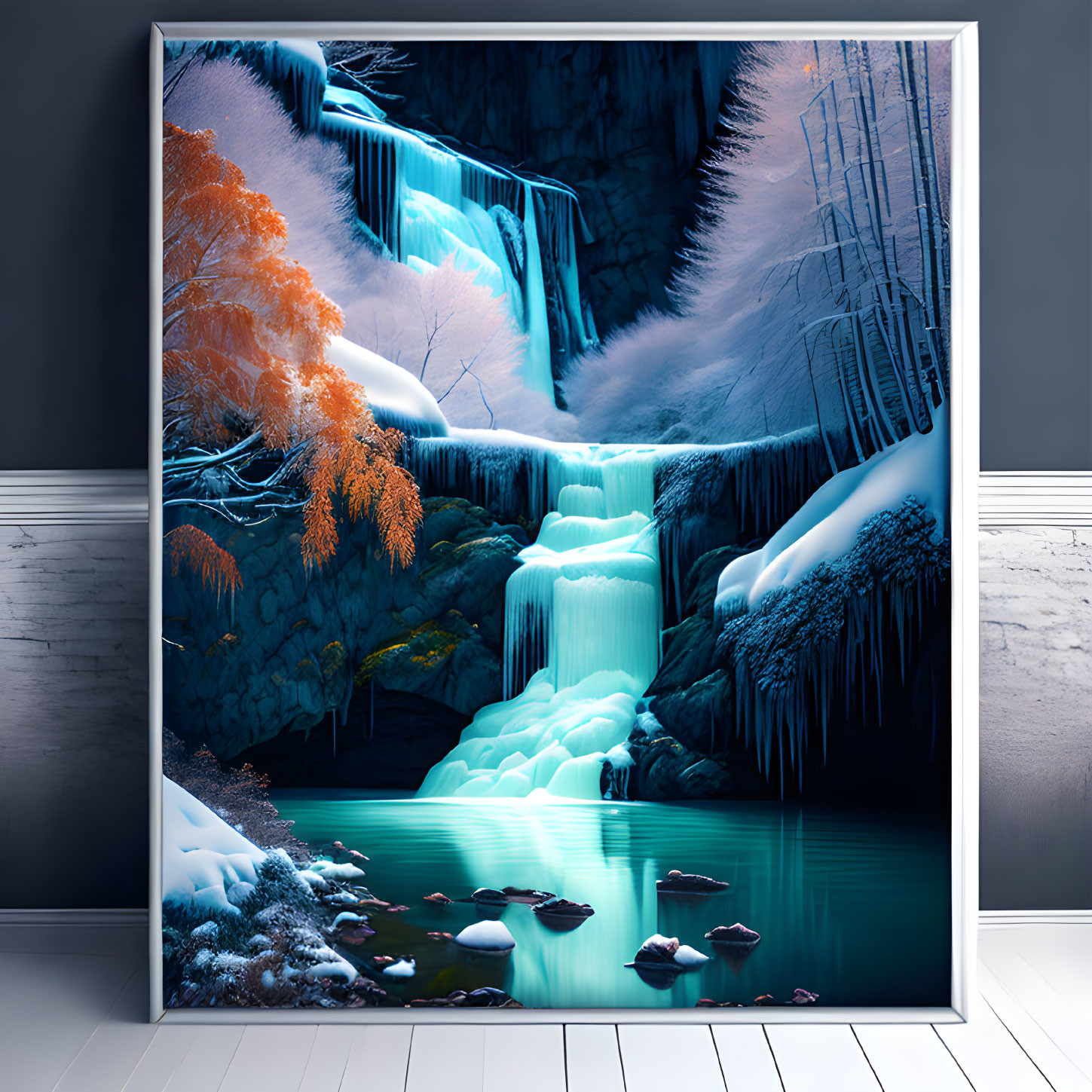 Vibrant winter waterfall scene with icy blues and orange foliage in modern room