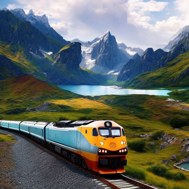 Blue and Yellow Train in Mountainous Landscape with Turquoise Lakes