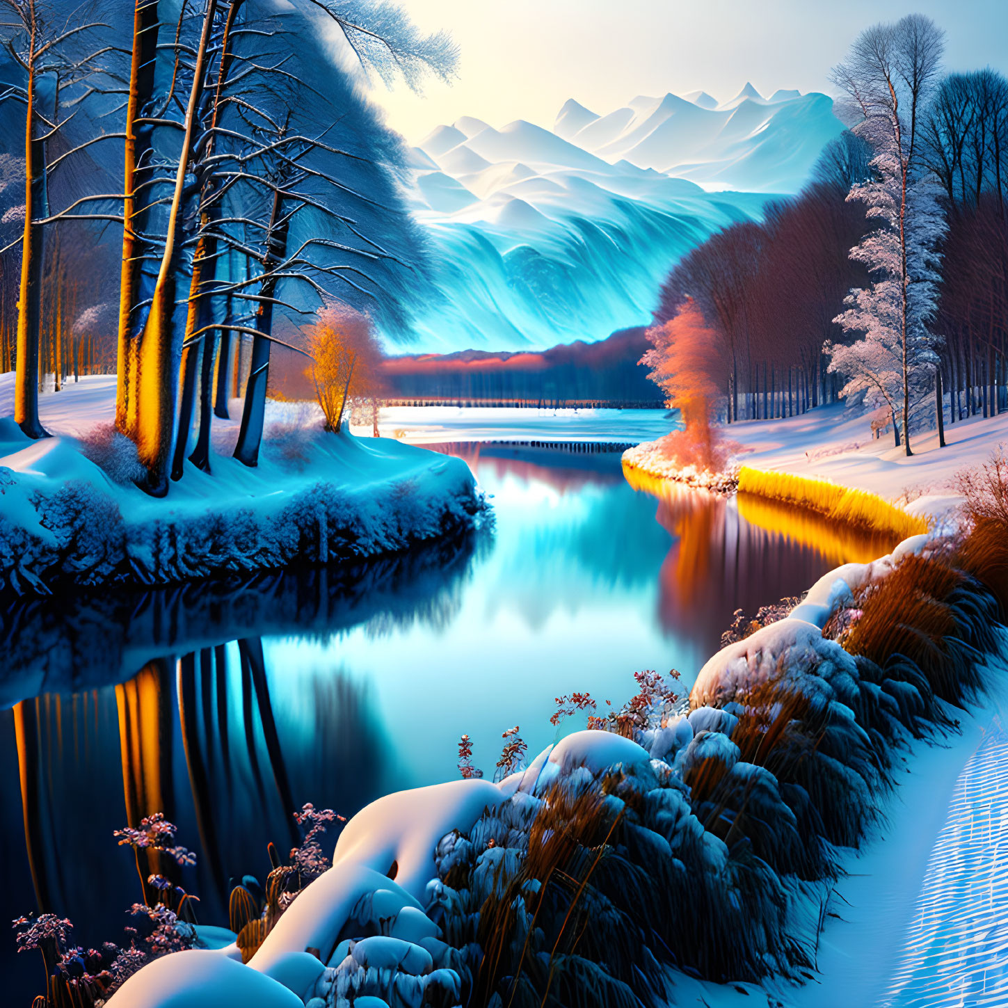 Winter river landscape with snow-covered trees and misty mountains.