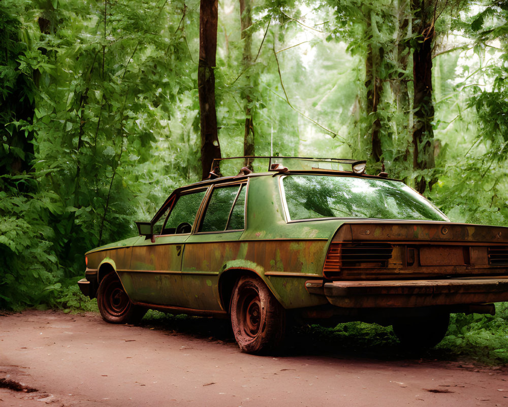 Abandoned green sedan covered in rust and moss in forest setting