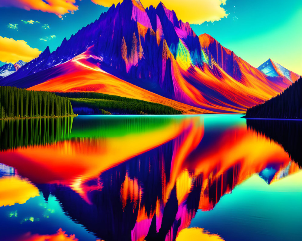 Colorful Psychedelic Landscape with Mirror-Like Lake and Neon-Hued Mountains