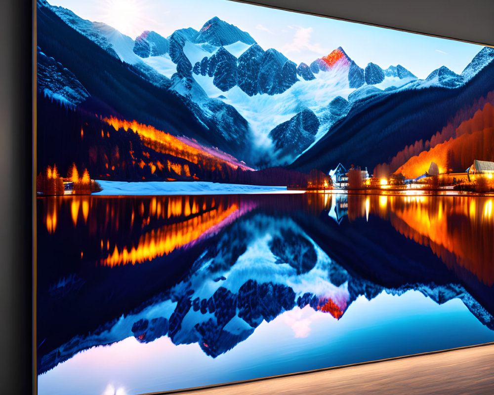 Curved Ultra-Wide Monitor Showing Vibrant Sunset Over Mountainous Landscape