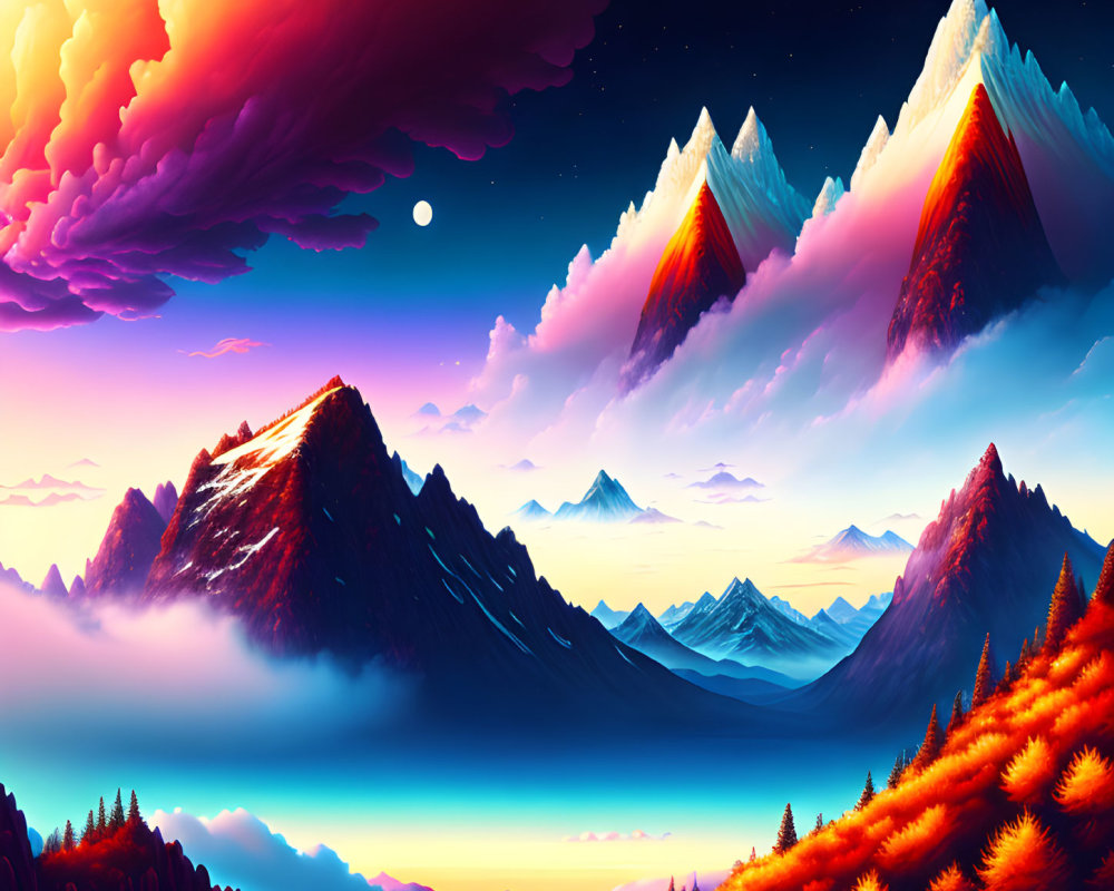 Colorful mountain landscape with misty valleys and full moon