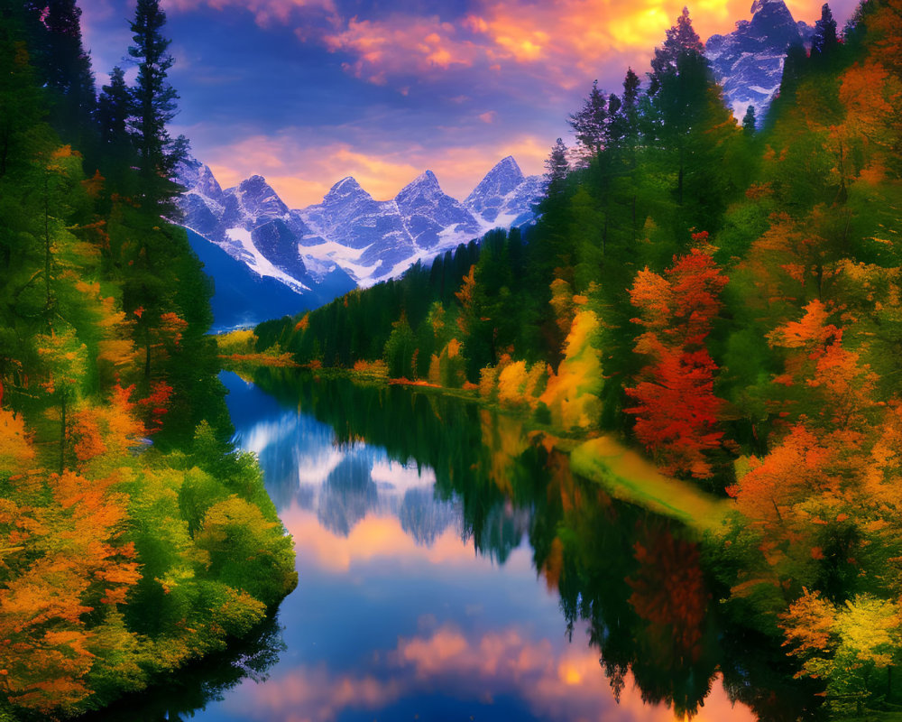 Scenic autumn landscape with river, fall trees, mountains, and sunrise sky