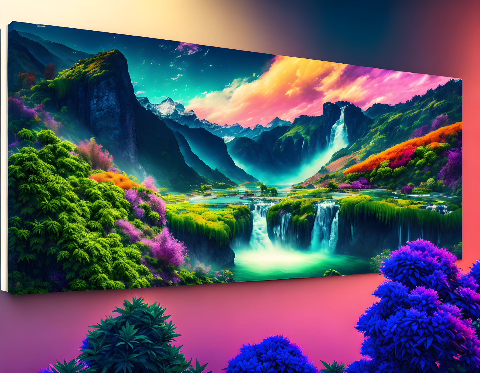 Colorful digital artwork: fantastical landscape with flora, waterfalls, mountains, starry sky