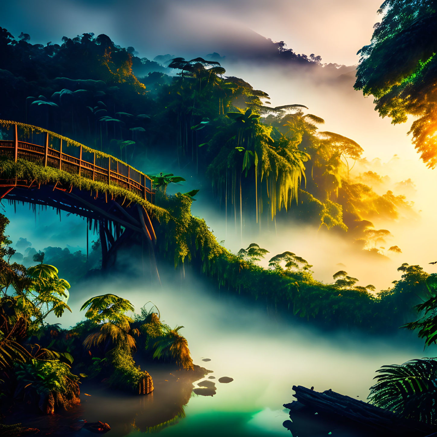 Misty Tropical Forest Sunrise with Wooden Bridge and Lush Greenery