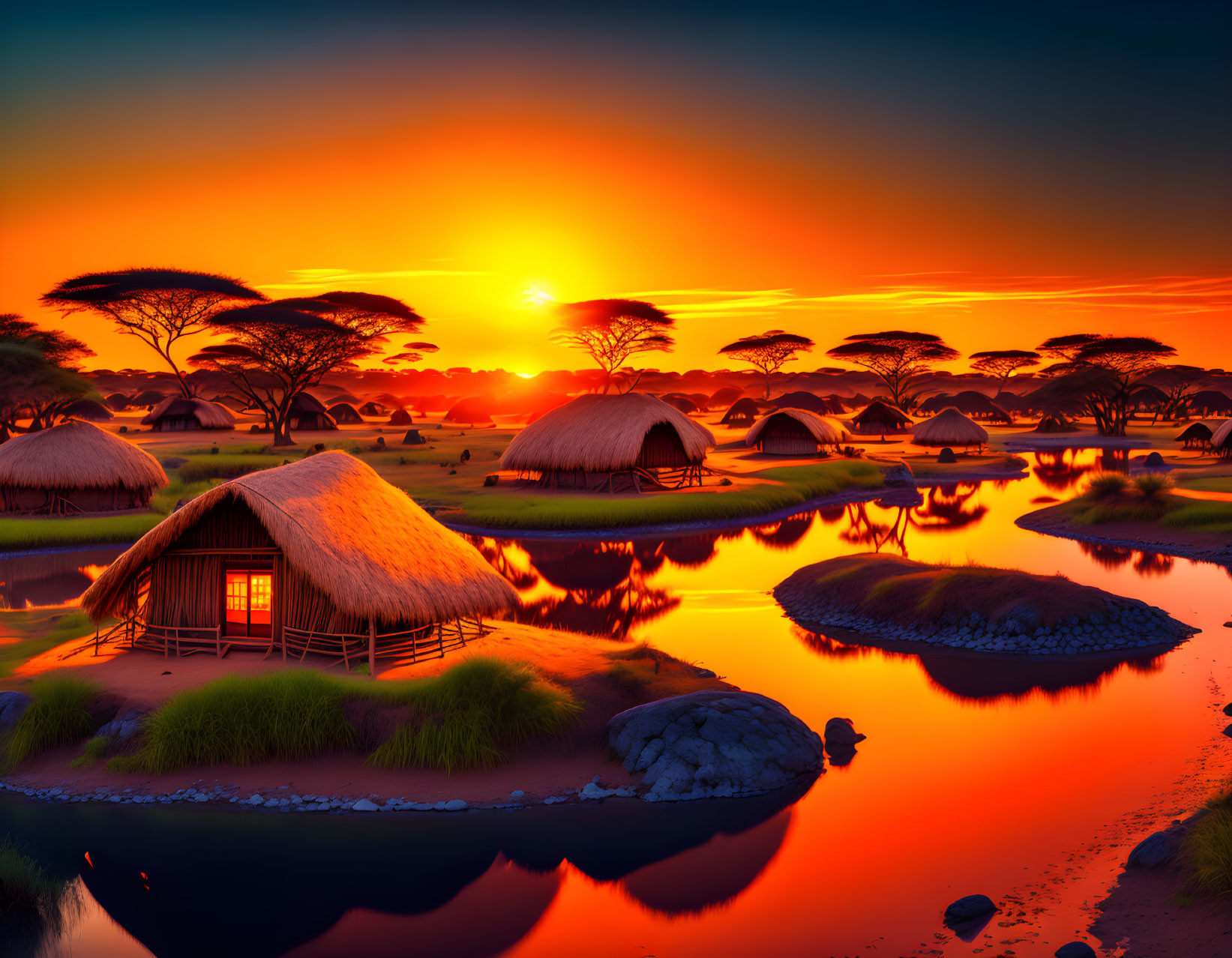 Scenic African village sunset with thatched huts and tranquil water.