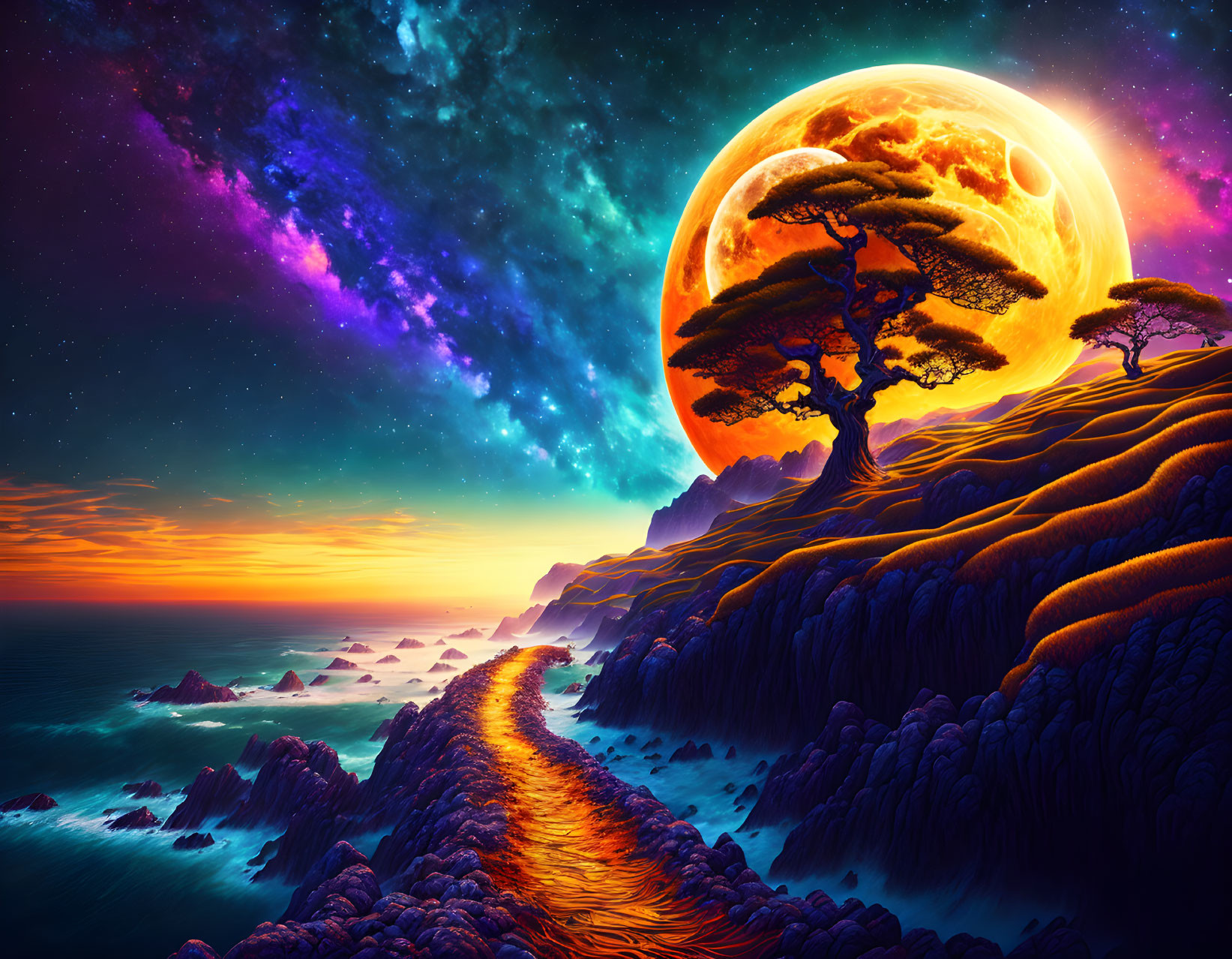 Scenic landscape with yellow moonrise, coastal cliffs, starry sky, trees, and winding path