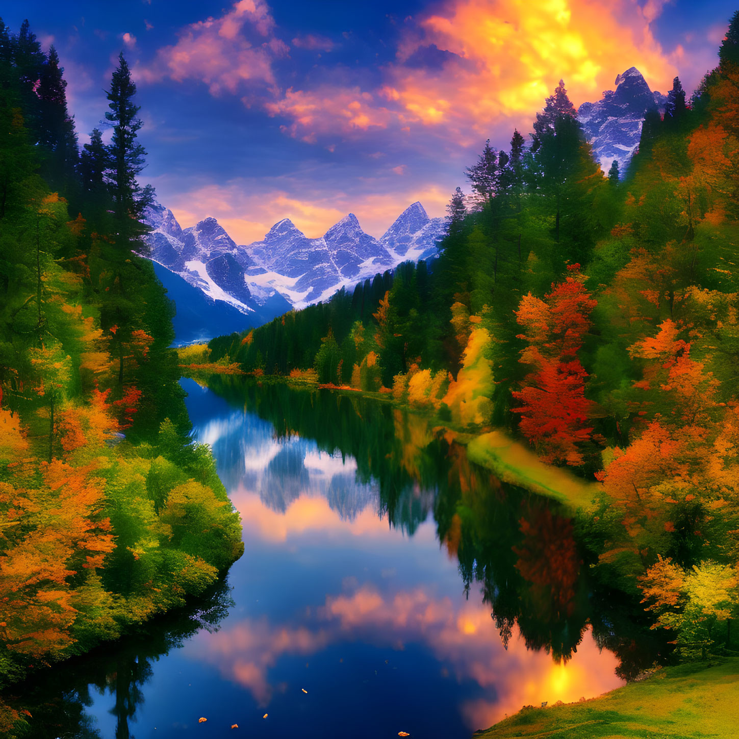 Scenic autumn landscape with river, fall trees, mountains, and sunrise sky