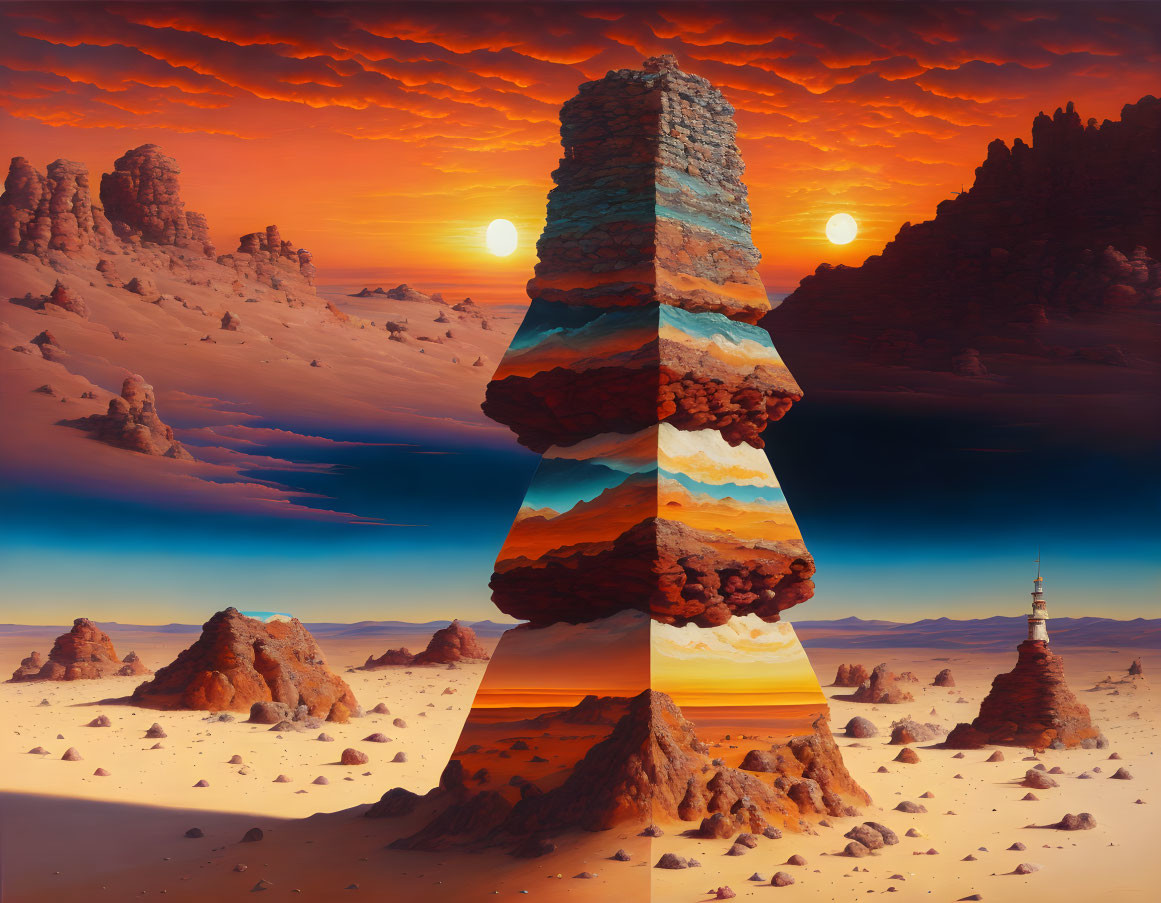 Vibrant surreal desert scene with stratified rock formation, multiple suns, and distant tower under