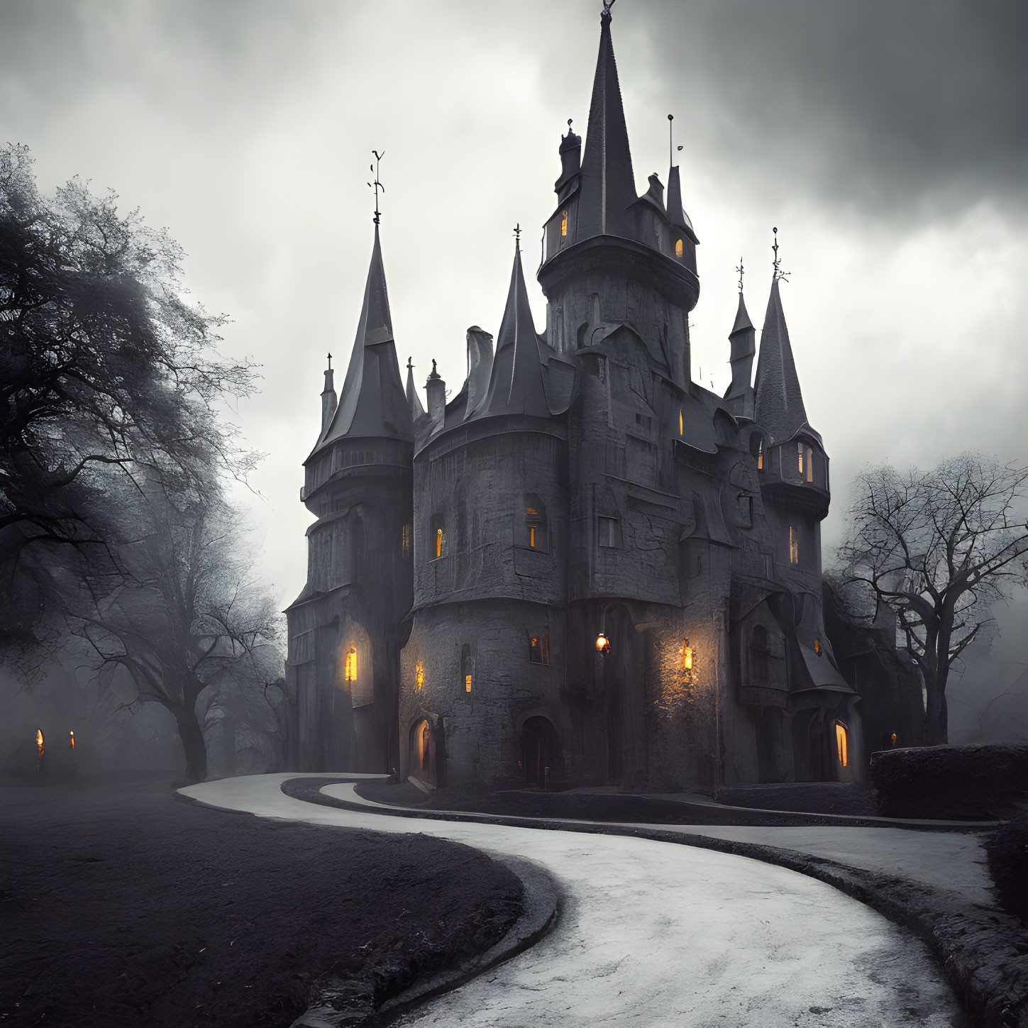 Mystical castle with spires and turrets in foggy landscape